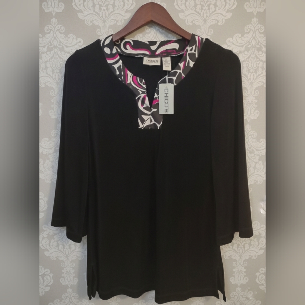 Chico's Travelers NWT Size 0/ Small Satin Edge Black Stretch 3/4 Sleeve Top